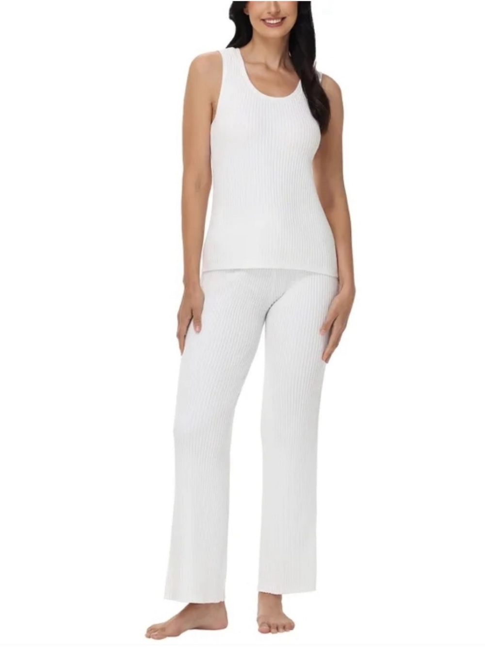 Off White Ribbed Knit Tank, Pants & Long Cardigan Loungewear Set - Picture 4 of 11